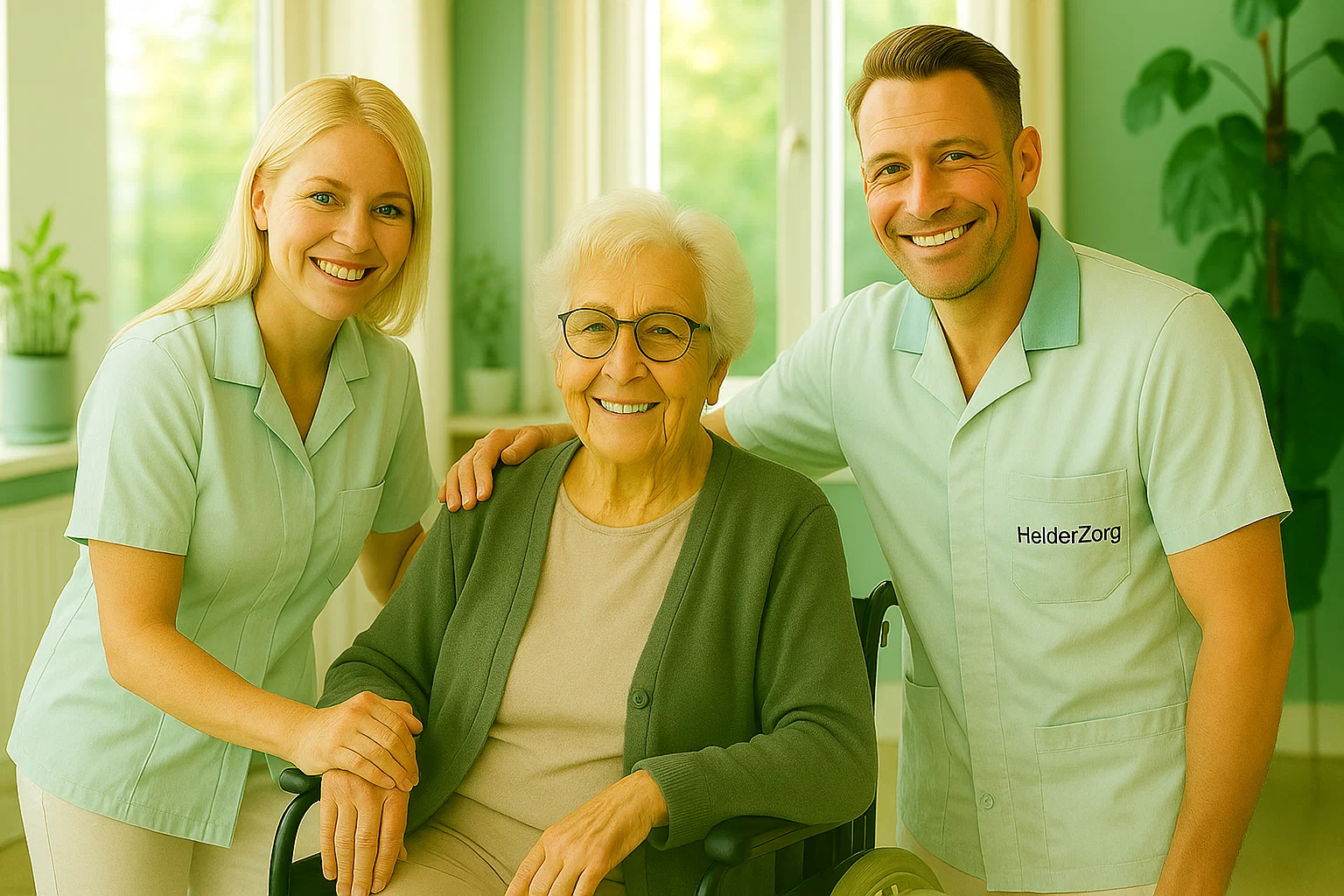 Zorgprofessionals helpen cliënt in zonnige ruimte